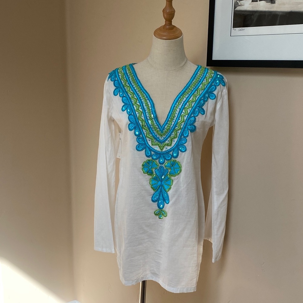 Vibrant Blue and Green Embroidered Women's Beach Tunic